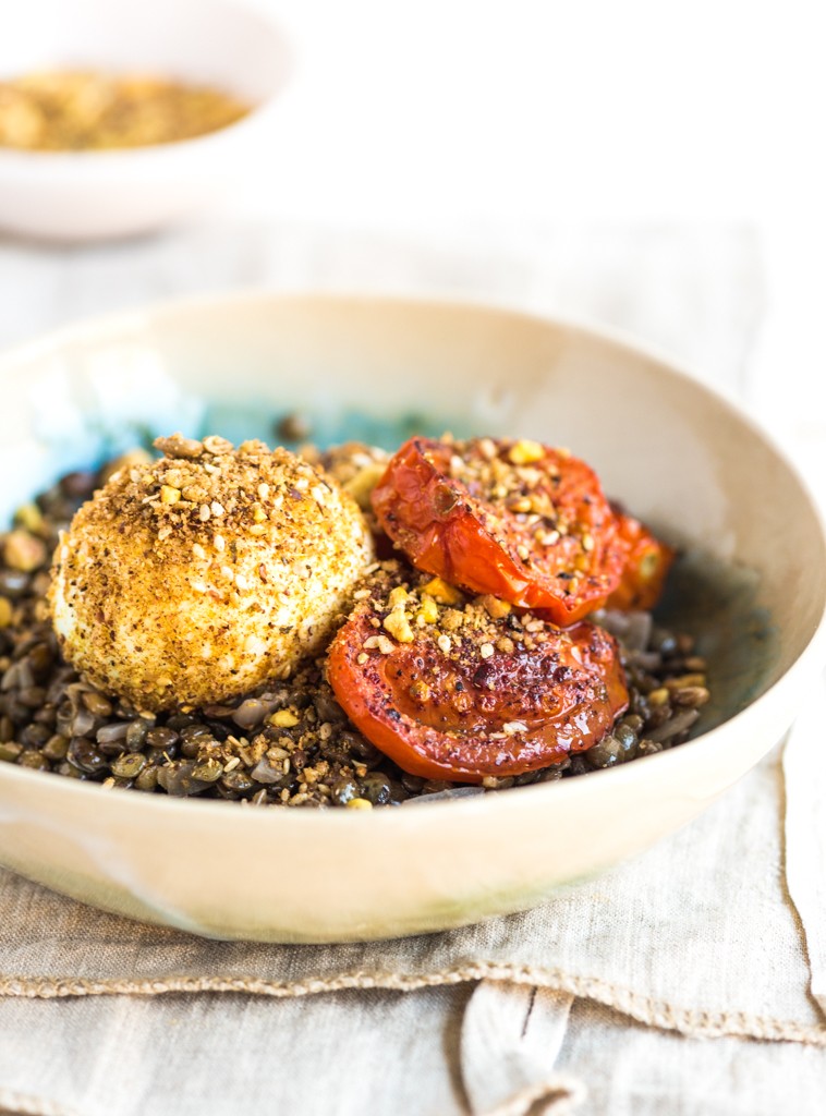 Sumac Roasted Tomatoes and Lentils, Dukkah Crusted Eggs