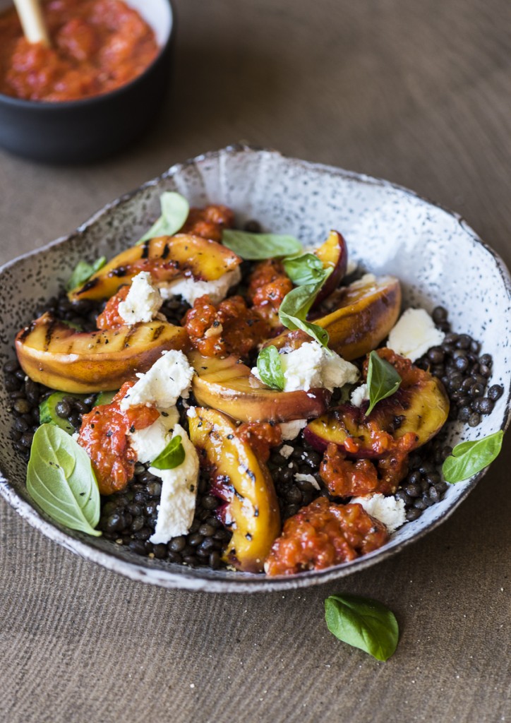 Grilled Nectarine and Lentil Salad with Red Pepper Pesto